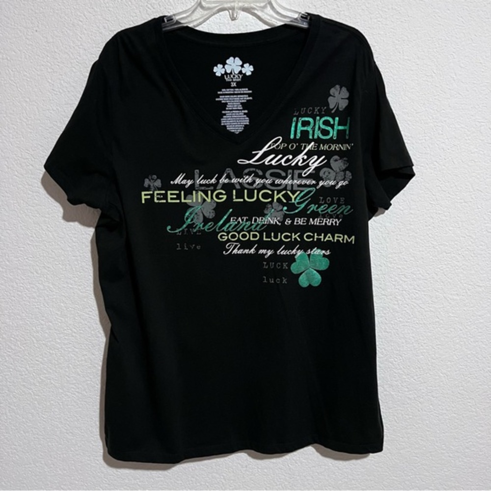 Lucky Feeling Lucky Black Graphic Irish St. Patrick's Day Short Sleeve TShirt 3X